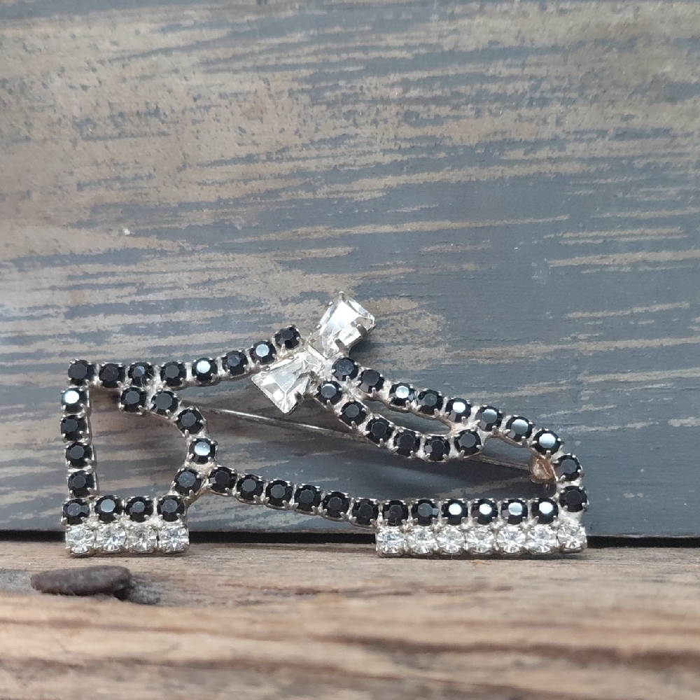 Vintage Black and Silver Rhinestone Shoe Brooch